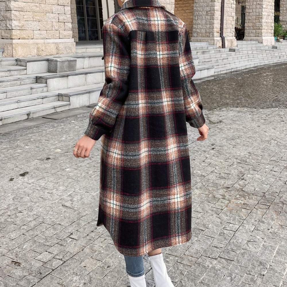 black red plaid pocket button down long coat - Picture 6 of 7